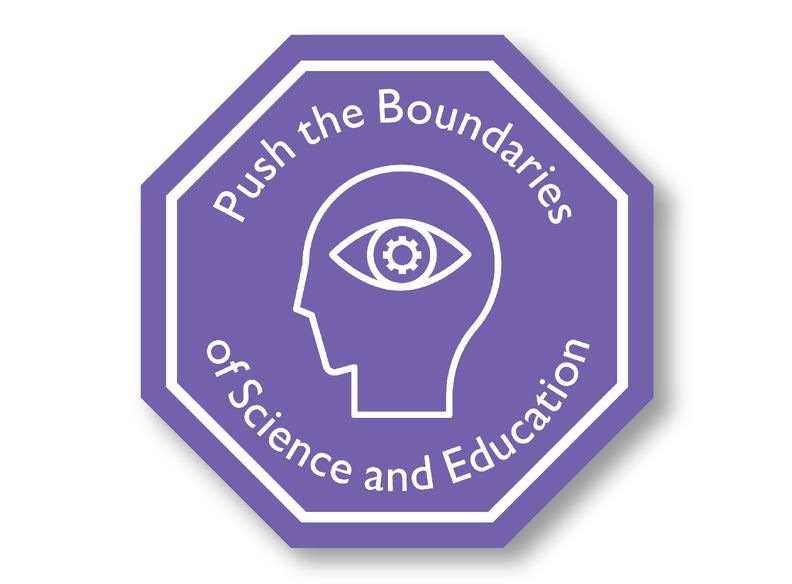 purple octagon with a simple sketch showing a head with an eye in it, and the words Pushing the Boundaries of Science and Education